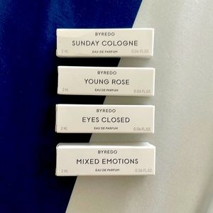 BYREDO SUNDAY COLOGNE, YOUNG ROSE, EYES CLOSED, MIXED EMOTIONS SAMPLES